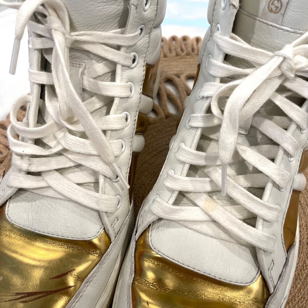 Gucci Signature Padded Leather High White Gold Sneakers EU 40 - Picture 14 of 16